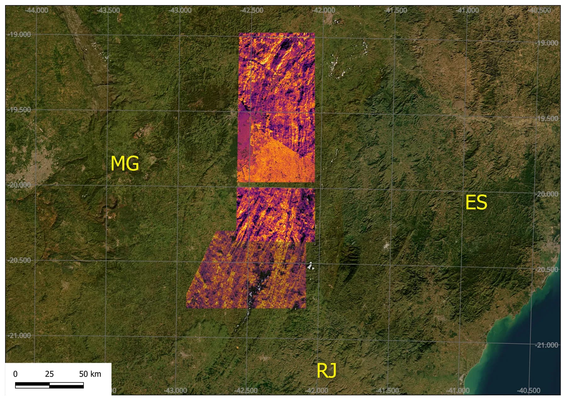 Composição multiespectral Sentinel-2 sobre a divisa de Minas Gerais, Espírito Santo e Rio de Janeiro