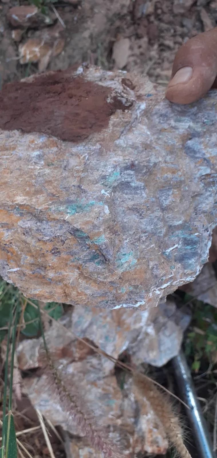 Mão segurando uma amostra de rocha com manchas verdes e azuis de minerais de cobre, em área de campo no Pará